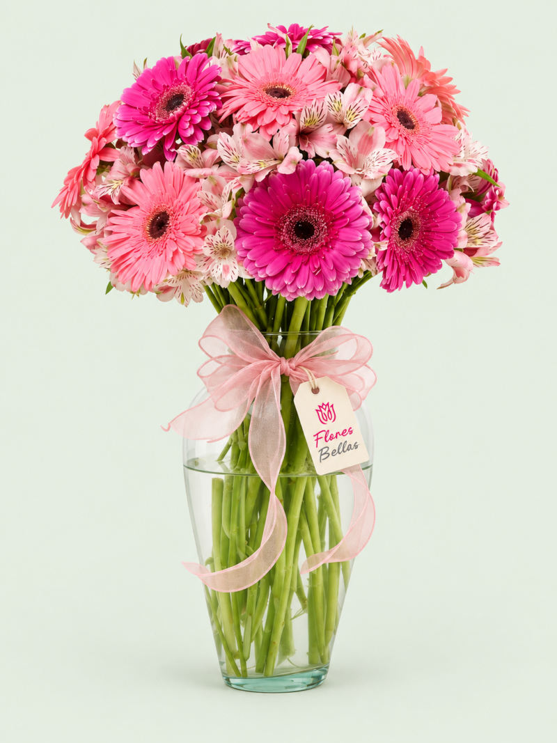 12 Gerberas Rosas y Alstroemerias