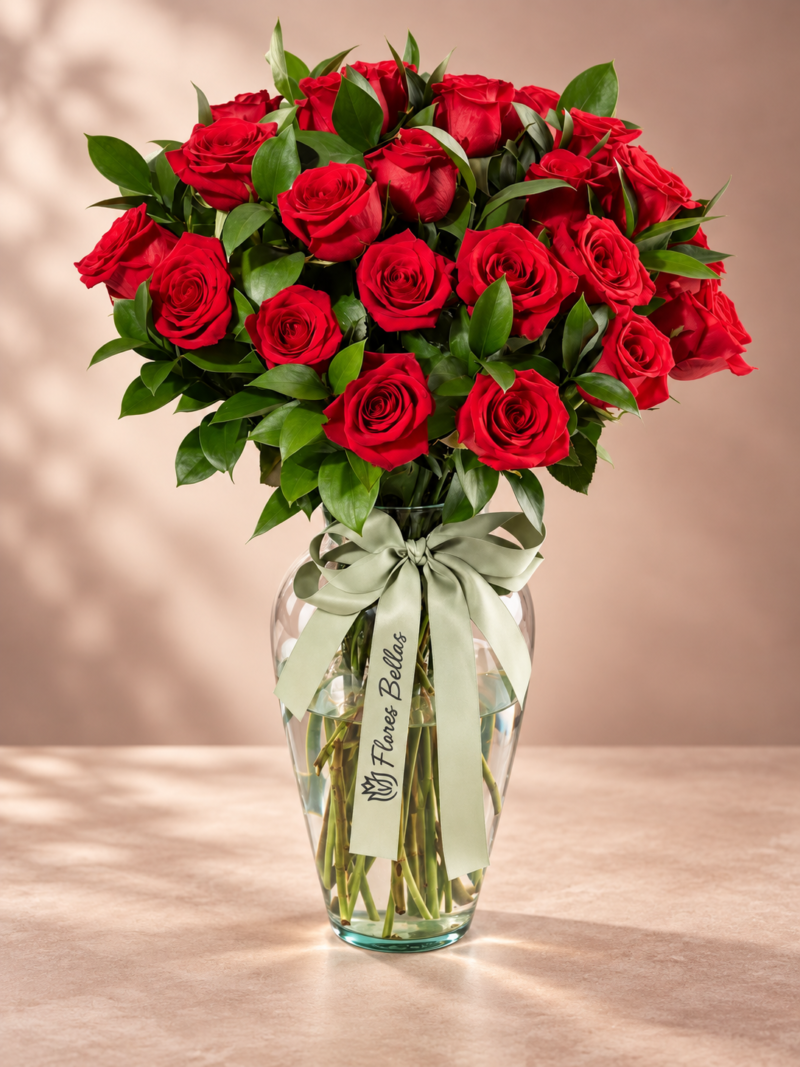 24 Rosas Rojas con Follaje