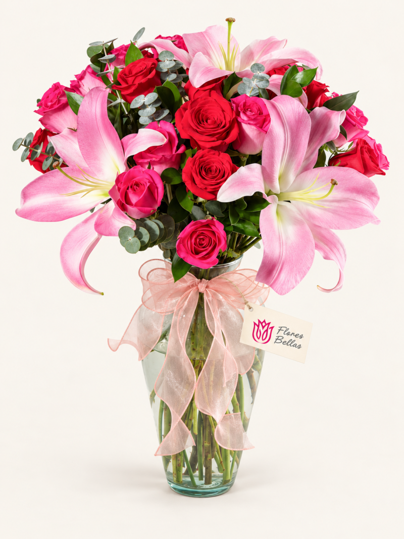 Jarrón de Rosas Combinadas y Stargazers